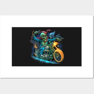 Skeleton riding a motorcycle Posters and Art